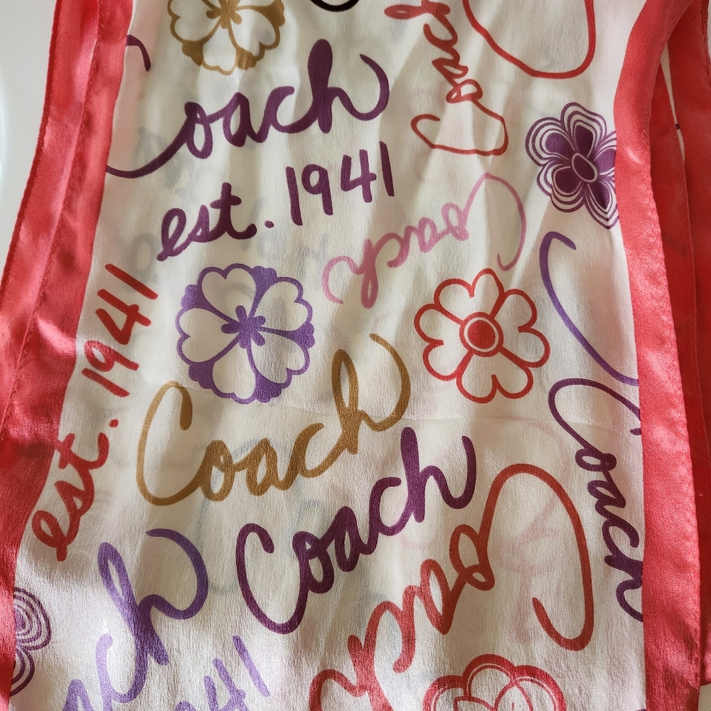 COACH 100% Silk Scarf Vintage Script Monogram Floral Red White - Picture 6 of 8